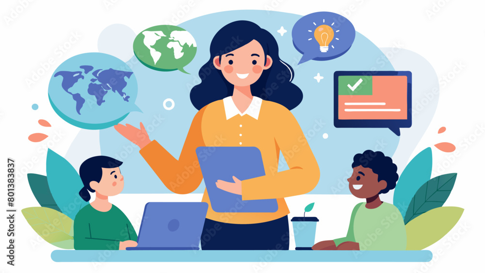 A woman teaches an online language class to students from around the world using her side hustle as a language tutor to share her knowledge and A woman teaches an online language class to students from around the world using her side hustle as a language tutor to share her knowledge and