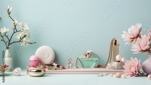 Elegant Perfume Bottles, Jewelry, and Makeup Accessories with Pink Flowers on Pastel Background for Luxury Beauty Presentation