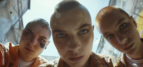 Three young bald people with intense expressions looking down at the camera, urban setting in background. photo