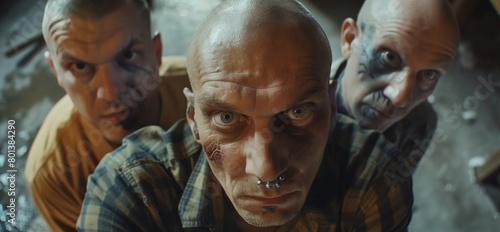 Wallpaper Mural Close-up of three intense, tattooed bald men with piercing eyes and facial scars. Torontodigital.ca