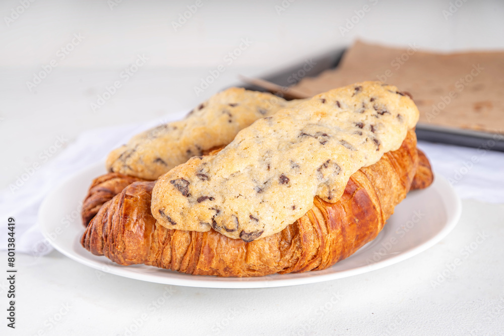 Trendy French sweet dessert pastry crookie, a hybrid of croissant with sweet butter cookies with chocolate drops dough baked filling and glaze Cookie Croissant (Le Crookie) Viral Recipe