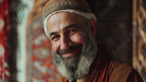 Portrait of a smiling elderly Middle Eastern man with a white beard  wearing a colorful headscarf.
