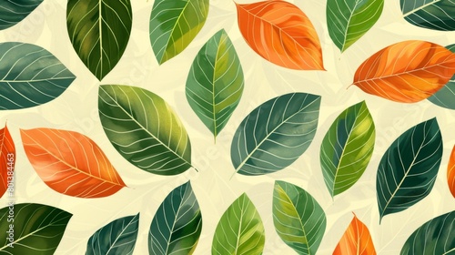 A seamless pattern of watercolor leaves in green and orange.