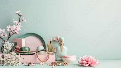 Elegant Perfume Bottle, Jewelry, and Makeup Accessories with Pink Flowers on Pastel Green Background for Feminine Beauty Concept