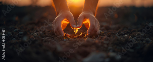Male hands planting a plant in the field. Hands planting a plant in a traditional way. Concept of traditional and sustainable agriculture, environment, and quality