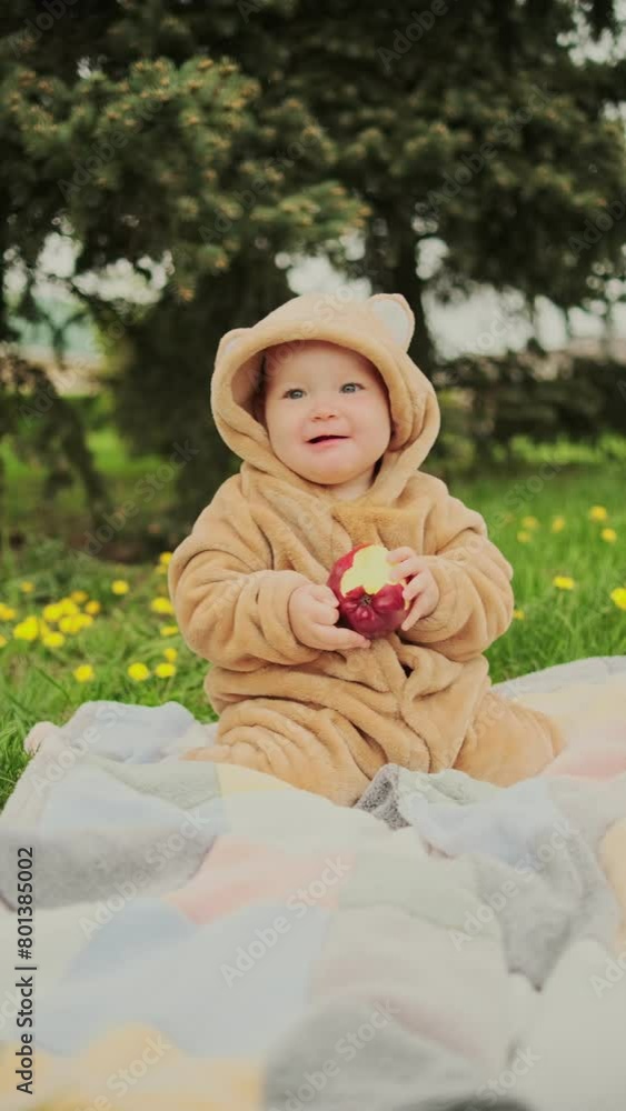Cute baby girl in plush suit with red apple in hands sitting on blanket in green grass. Cute baby girl in plush suit with red apple in hands sitting on blanket in green grass.
