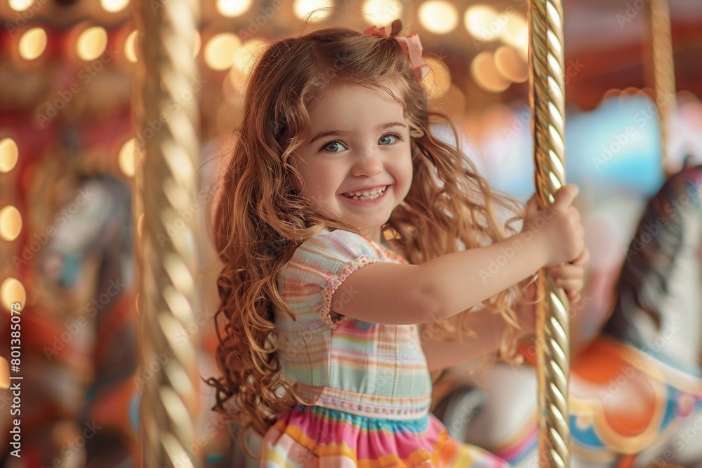 Colorful Carousel Excitement: Happy Young Girl at Amusement Park Colorful Carousel Excitement: Happy Young Girl at Amusement Park
