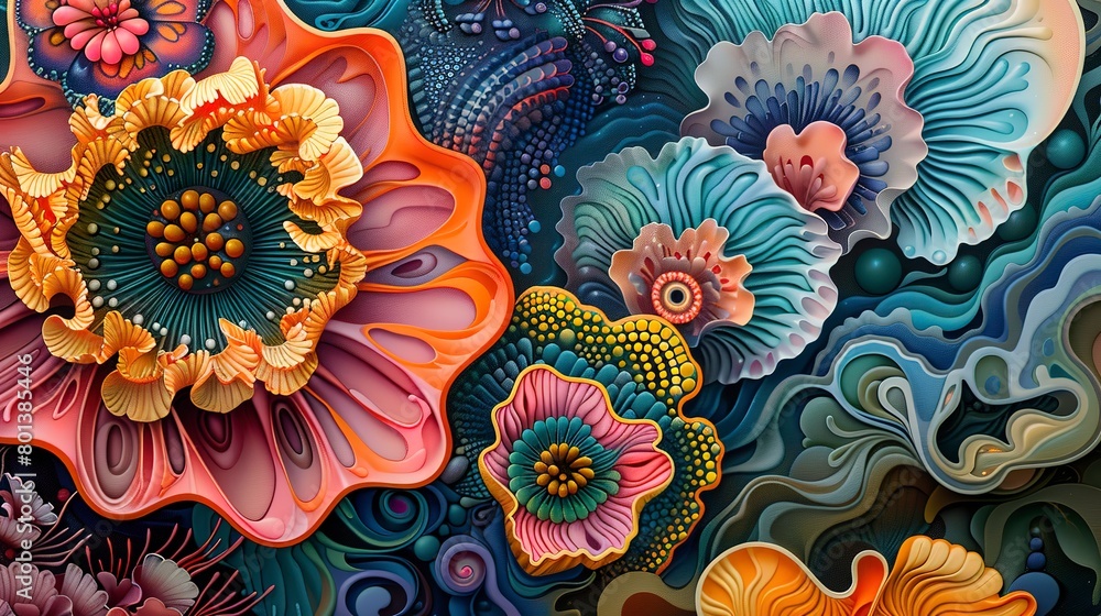 Close-up view of abstract psychedelic florals, showcasing the intricate details and explosive colors of fantastical blooms. 
