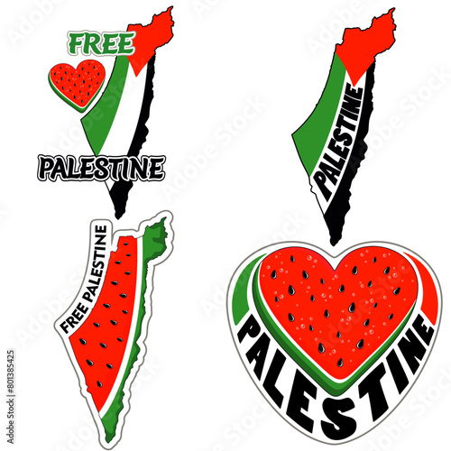 Free Palestine Text Logos with palestinian flag, palestine map, Watermelon Heart, Set of four Vector Graphic Logos  © BluedarkArt