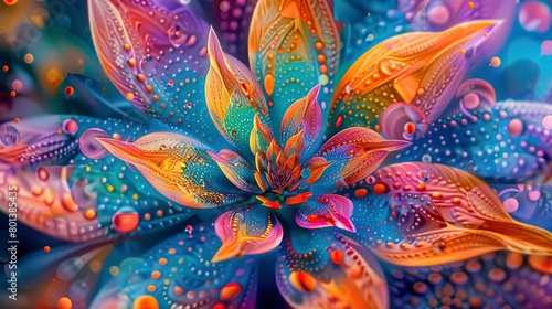 Vibrant and mesmerizing, a close-up abstract featuring psychedelic floral patterns for a visually intoxicating vibe.  photo