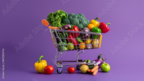 Vibrant shopping cart overflowing with fresh produce on a purple backdrop, promoting a healthy diet