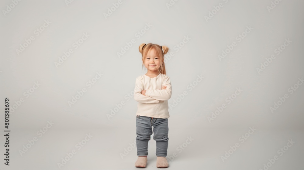Adorable young girl with blonde pigtails smiling and standing confidently, isolated on a light background. Adorable young girl with blonde pigtails smiling and standing confidently, isolated on a light background.
