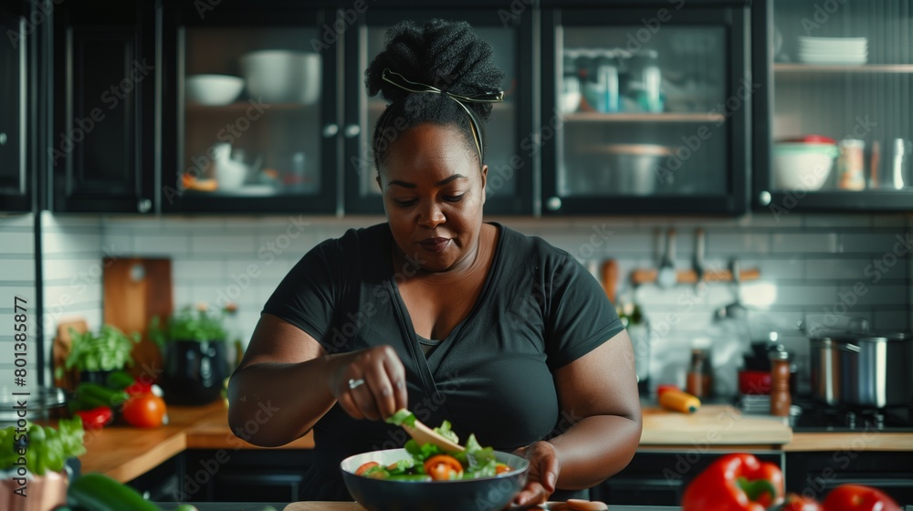 Black woman preparing a healthy salad in a modern kitchen, focusing intently on mixing ingredients. Black woman preparing a healthy salad in a modern kitchen, focusing intently on mixing ingredients.