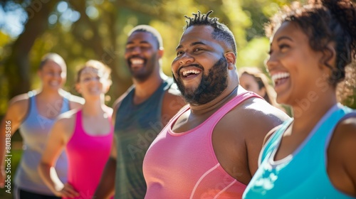 Diverse group of joyful people jogging in a park, promoting fitness and community health