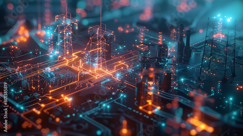 role of AI in energy management systems with a visually stunning image of a smart grid infrastructure  showcasing how embedded AI optimizes energy distribution and reduces carbon footprint.