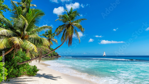 Fototapeta Naklejka Na Ścianę i Meble -  Beautiful Sunny beach with palm trees and a sailing boat in the turquoise sea on Paradise island. Fashion travel and tropical beach concept.	