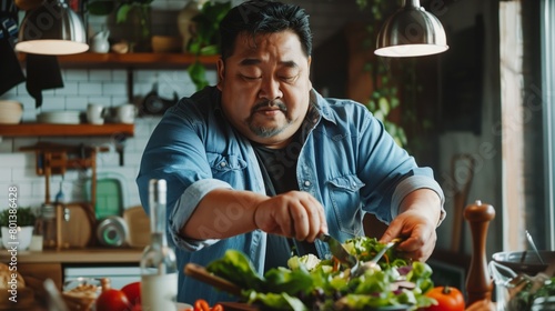 Middle-aged Asian man preparing a fresh salad in a stylish kitchen setting.