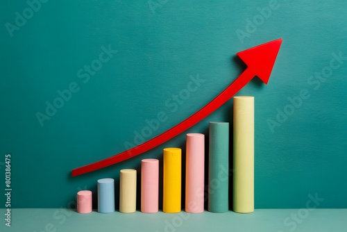 Colorful bar graph with increasing heights, red arrow pointing upward, on flat teal surface photo