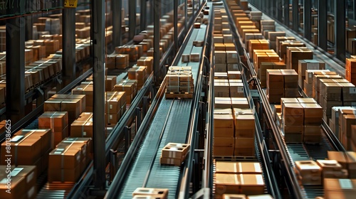 scale of e-commerce operations with an image of a massive warehouse filled with parcels on conveyor belts, highlighting the volume of online orders being processed. © Artistic_Creation