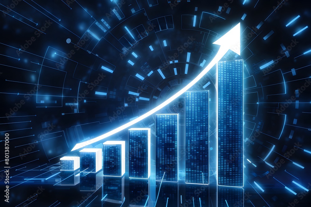 Futuristic digital bar chart with upward trending line and glowing blue ...