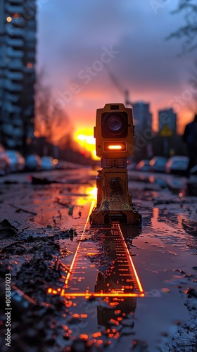A surveyor's level sits on a tripod in the middle of a puddle, casting a red laser line across the wet pavement. The sun sets in the background, casting a warm glow over the scene.