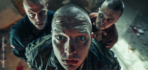 Intense high-angle shot of three distressed men in military attire, gazing upward with alarmed expressions.