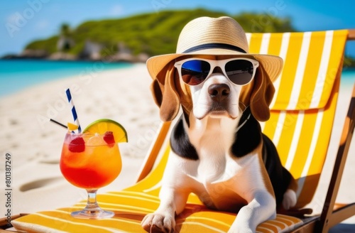 Cute beagle with a cocktail resting on a sun lounger wearing a Panama hat and sunglasses on the beach © Olga