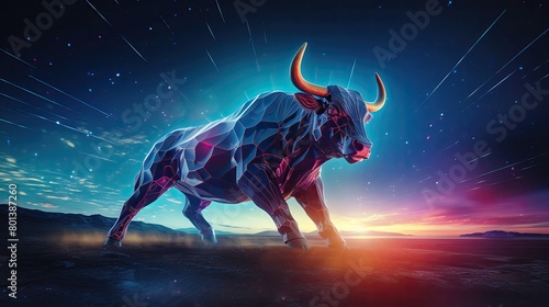A conceptual shot of a neon bull against a backdrop of a starry night sky, reflecting the energy and unpredictability of the stock market