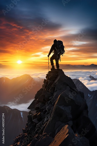 A mountain climber reaching the summit at sunrise, silhouetted against the bright sky with expansive views below
