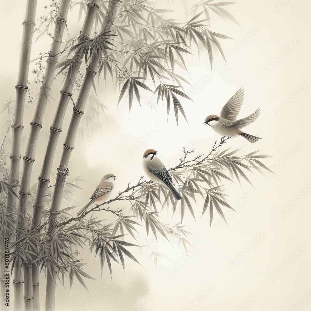 Fototapeta premium Three birds on bamboo branch, monotone ink brushstroke painting