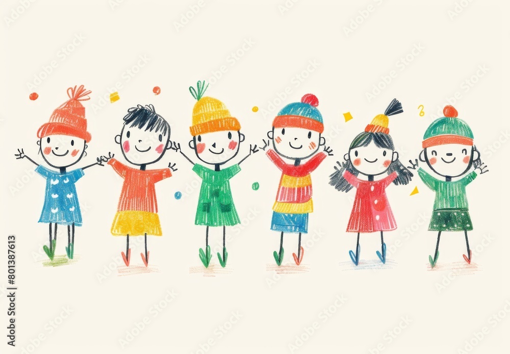 A collection of simple children's drawings, featuring various happy people in different poses and . The characters should be drawn with bold lines and flat colors typical for childlike illustrations.