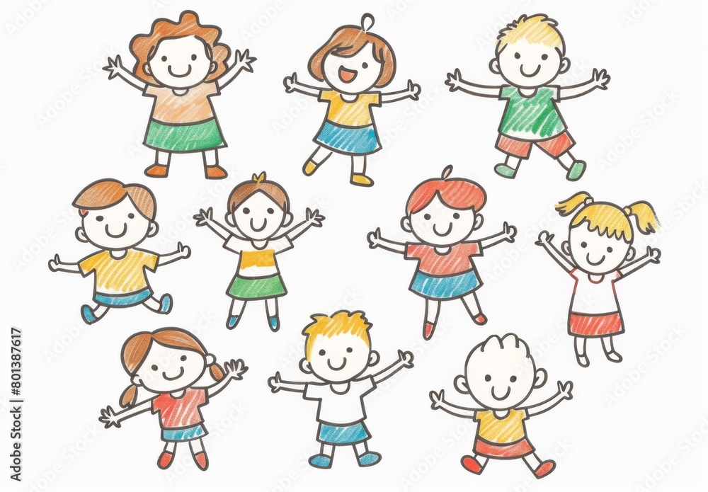 A collection of simple children's drawings, featuring various happy people in different poses and . The characters should be drawn with bold lines and flat colors typical for childlike illustrations.