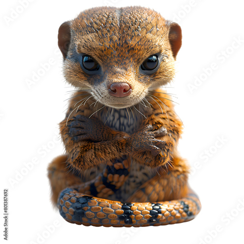 A 3D cartoon style illustration of a fearless mongoose protecting a child from a venomous snake. photo