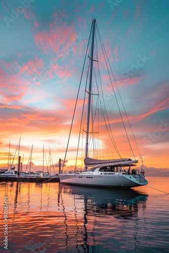 Contemplating on a Luxury Sailboat Purchase Under the Vibrant Sunset Sky at Serene Seaside Marina