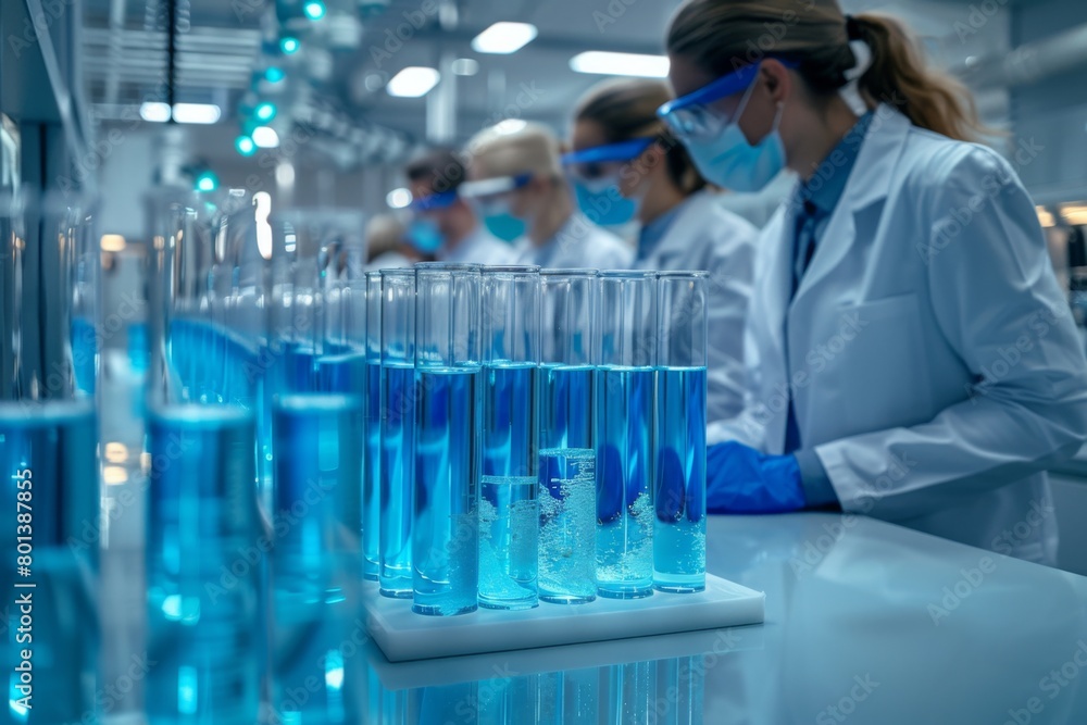 A group of scientists in lab coats and goggles stand around an advanced laboratory table, discussing the test tubes filled with blue liquid. The background is white walls, modern equipment A group of scientists in lab coats and goggles stand around an advanced laboratory table, discussing the test tubes filled with blue liquid. The background is white walls, modern equipment