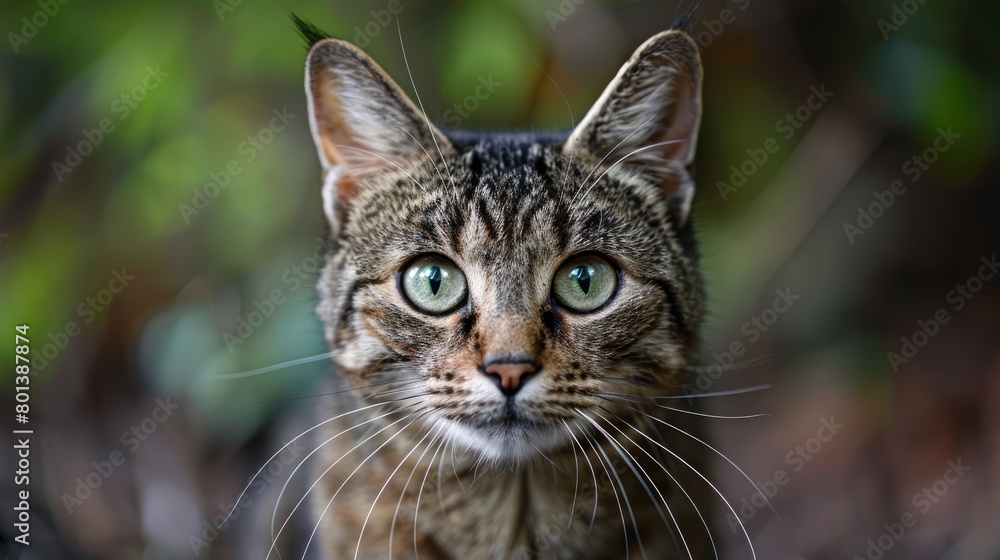 Close up portrait of a tabby cat with green eyes.