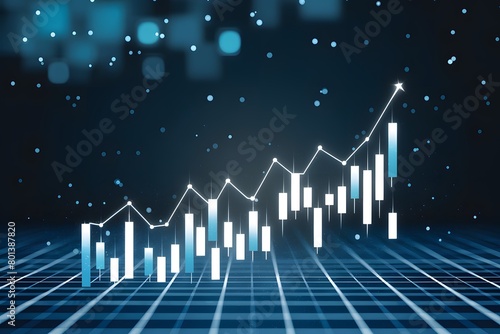 Futuristic stock market chart with vertical bars and trend line on blue/black grid background
