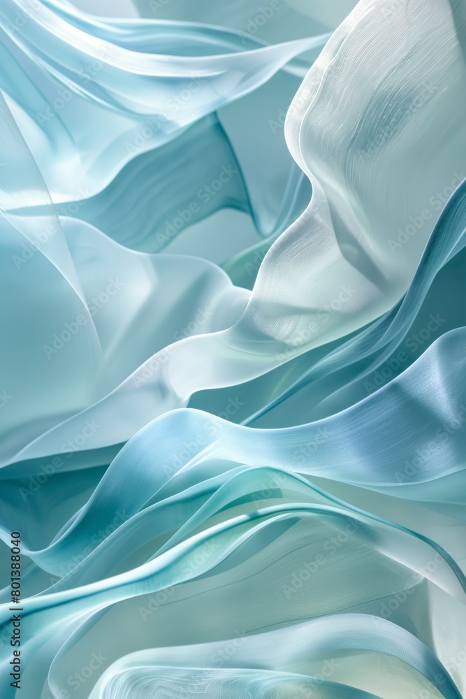 Fototapeta premium Translucent, flowing layers in various shades of blue and teal, resembling fluid fabrics or smoke-like waves. The composition exudes a calming and serene effect, with smooth curves and seamless 