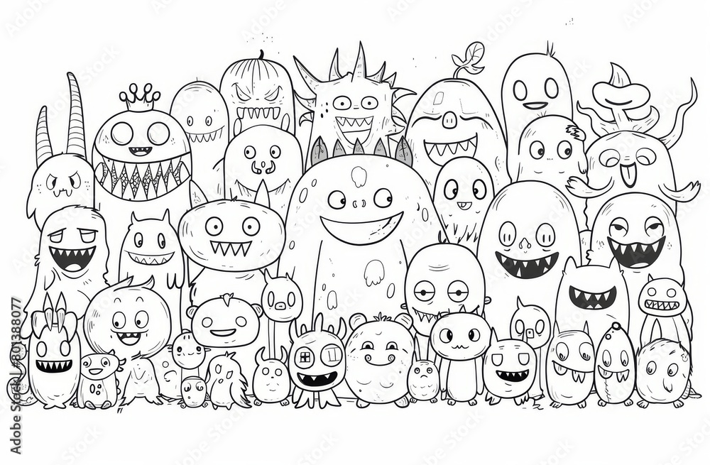 A large group of cartoon characters, all with different expressions and body shapes, surrounded by lots of other cute little monsters in the style of a coloring page for kids. A large group of cartoon characters, all with different expressions and body shapes, surrounded by lots of other cute little monsters in the style of a coloring page for kids.