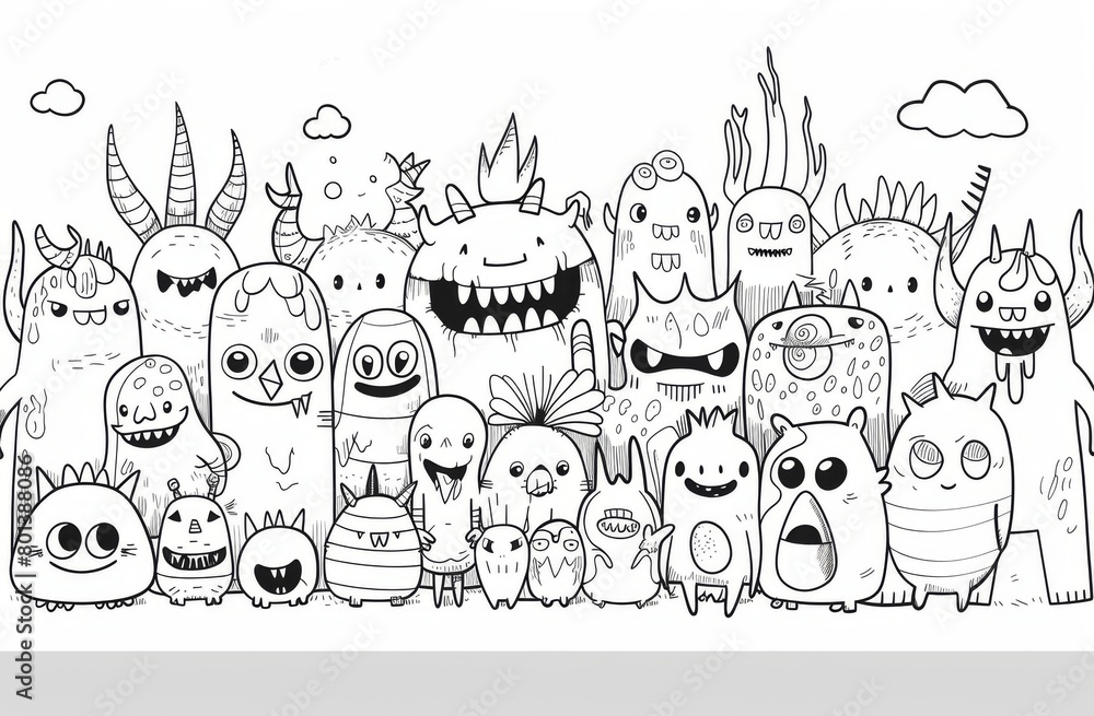 A large group of cartoon characters, all with different expressions and body shapes, surrounded by lots of other cute little monsters in the style of a coloring page for kids. 