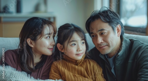 A Japanese family of three sitting on the sofa, looking at each other with expressionless faces and thinking about something, in a white living room background, in the style of Japanese photography photo