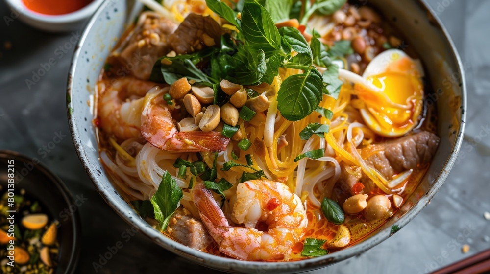 Rice noodles with shrimps, prawns and vegetables