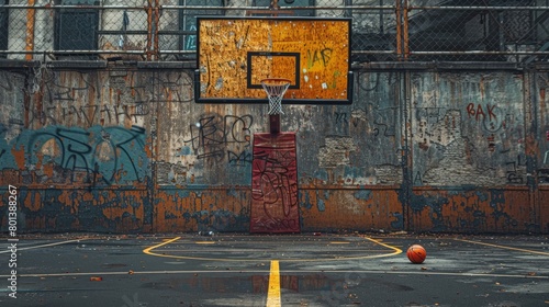 Urban basketball court awaiting a game, covered in graffiti
