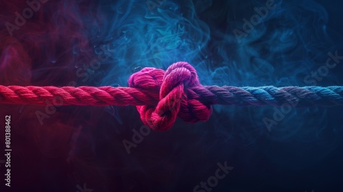 A red rope with two colorful loose ends tied together in the center, symbolizing strength and unity on a dark background. The central knot is made of thick pink yarn that contrasts against 