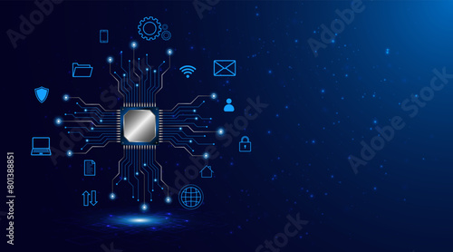 Microchip processor circuit board technology on dark blue background. Information Processing Concept. Circuit board hi-tech technology background. vector illustration	