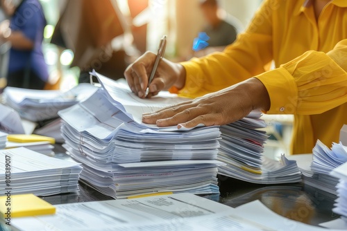 Male office workers with yellow shirt holding and writing documents on office desk, Stack of business overload paper.
