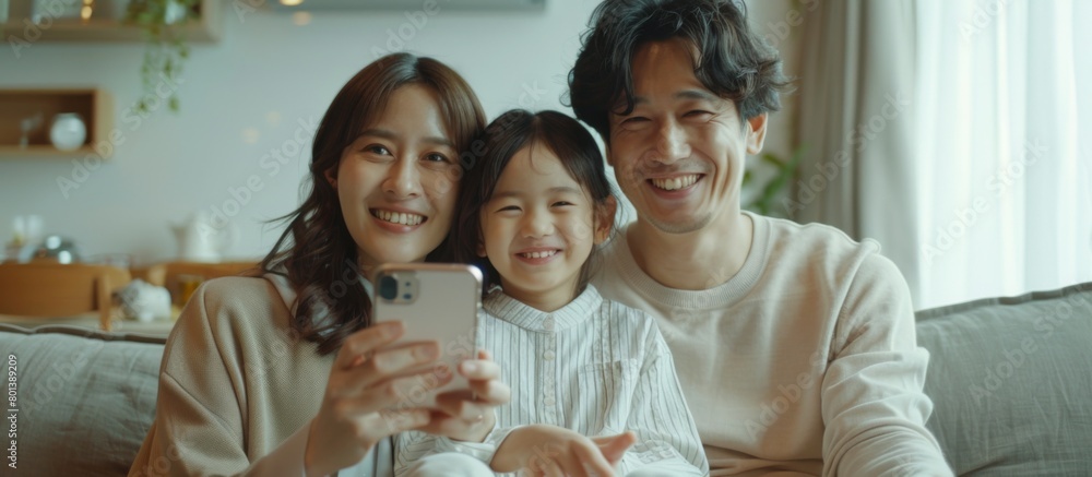 A young Japanese man is sitting on the sofa with his wife and daughter, holding an Phone in one hand to film himself taking photos of them smiling happily a