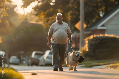 Portly Middle Aged Man Walking His Dog in Suburban Neighborhood with Soft Golden Hour Lighting photo