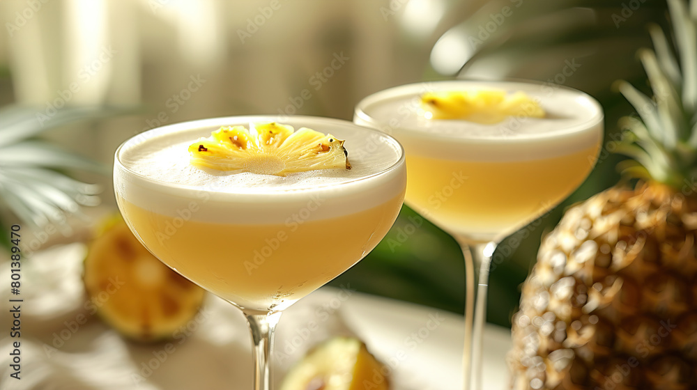 A sunny beach with two summer coconut milk cocktails adorned with slices of pineapple