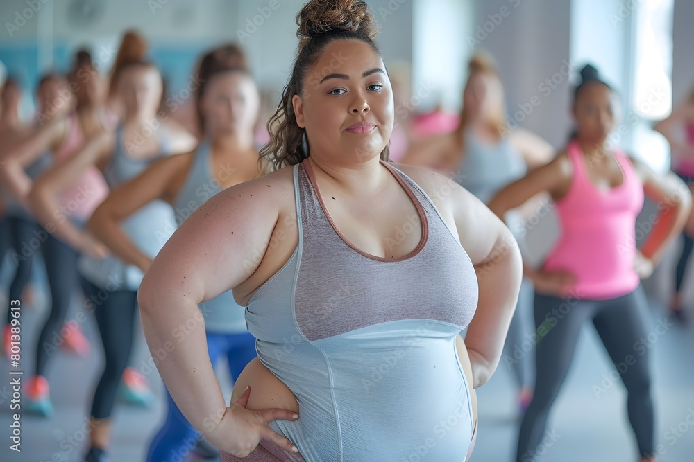 Overweight Woman Participating in an Inclusive Fitness Class with Dynamic Movements and Focused Expressions